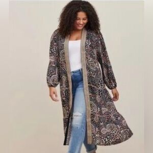 Torrid Embroidered Tiered Maxi Open Front Kimono Size 2X Gypsy Boho Cottagecore